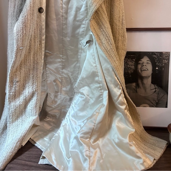 vintage perry ellis tan gray full length wool blend coat fur hood collar - Picture 8 of 13